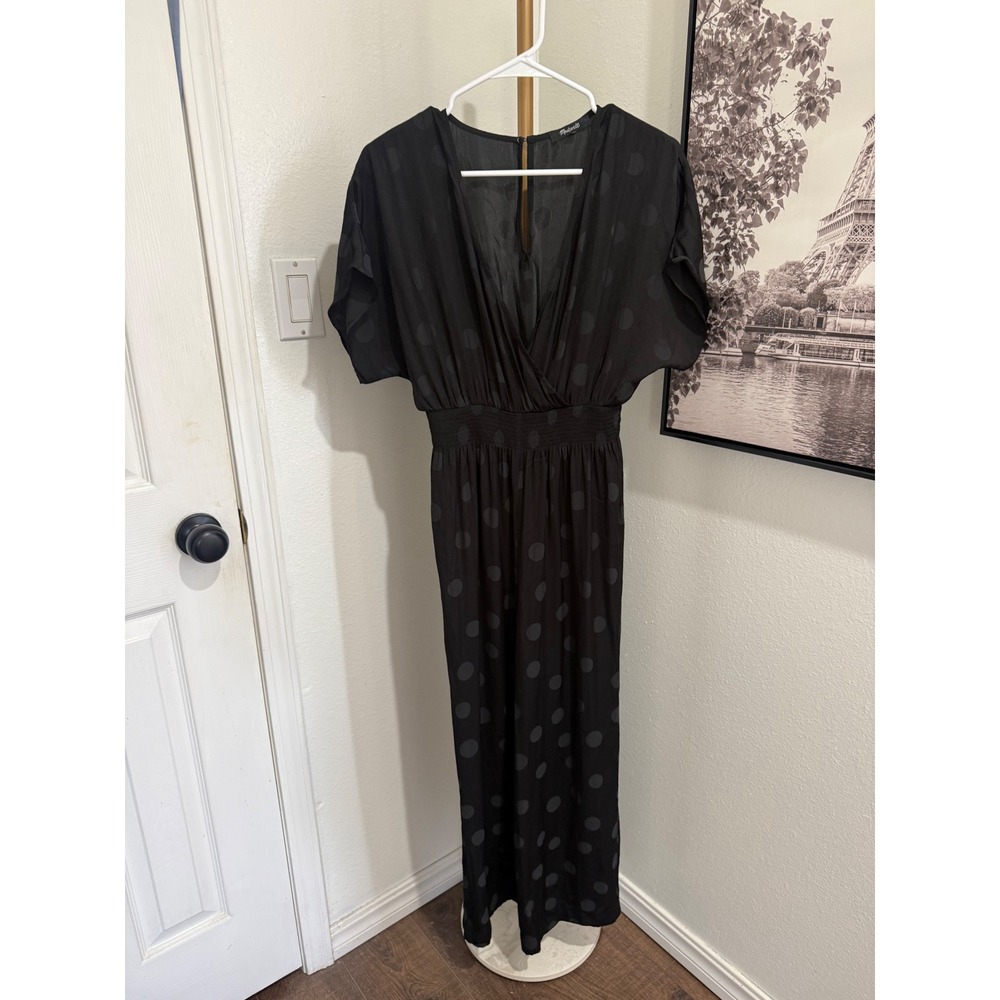 Madewell Black Polka Dot Wide Leg Jumpsuit V-Neck Smocked Waist XS HO20 202543